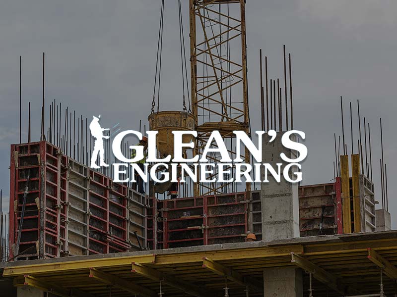 Glean's Construction & Engineering Ltd Logo over the civil engineering design of a building